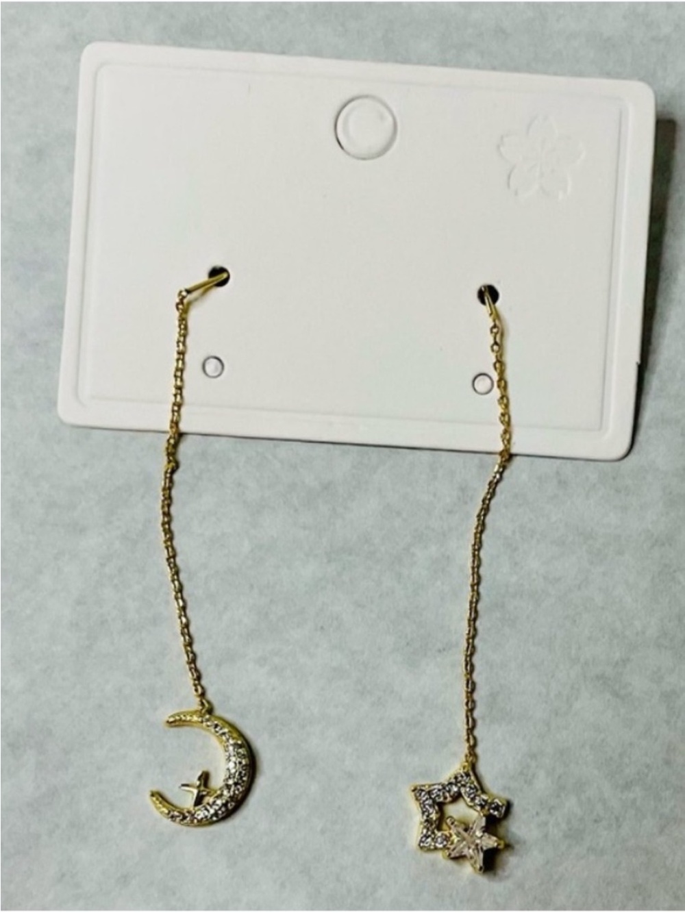 Gold Tone Star & Moon Dangle Threader Earrings - Sparkling Crystal Accents